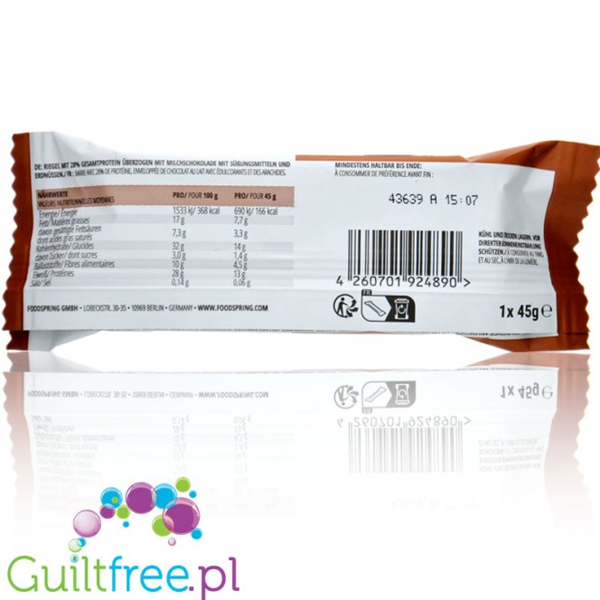 Foodspring Protein Bar Extra Chocolate Crunchy Peanut - baton proteinowy 166kcal & 13g białka, Czekolada & Orzechy Ziemne