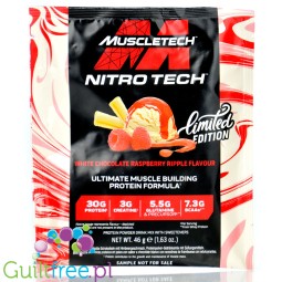 MuscleTech Nitro-Tech Performance White Chocolate Raspberry - dense protein supplement, large portion 46g, limited flavor