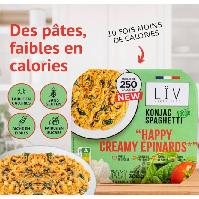 Liv Happy Food Konjac Creamy Epinards - dinner 220kcal, konjac pasta in spinach sauce with ricotta and parmesan cheese