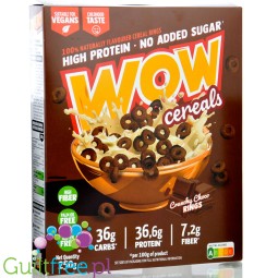 WOW Cereals Cruchy Choco Rings - vegan protein breakfast rings without sugar and gluten.