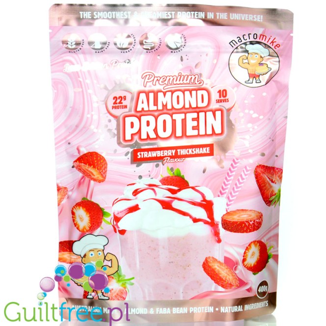 Macro Mike Almond Plant Protein, Strawberry ThickShake - wegańska turbo kremowa odżywka bez glutenu, mleka i sukralozy