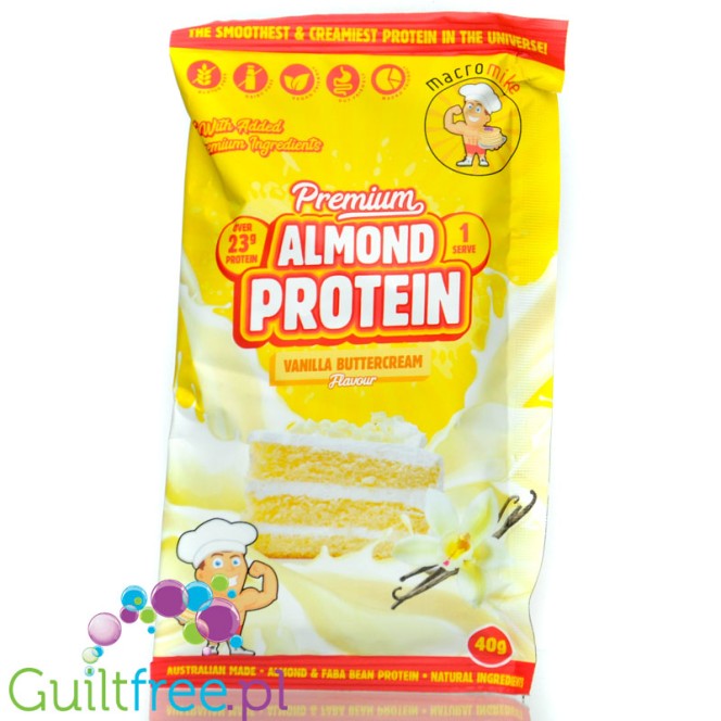 Macro Mike Almond Plant Protein, Vanilla Buttercream, 40g - vegan almond plant protein supplement without gluten, milk or sucral