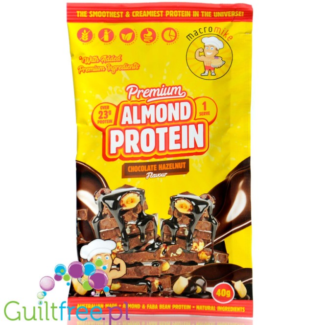 Macro Mike Almond Plant Protein, Choc Hazelnut, 40g - vegan almond protein supplement without gluten, milk or sucralose