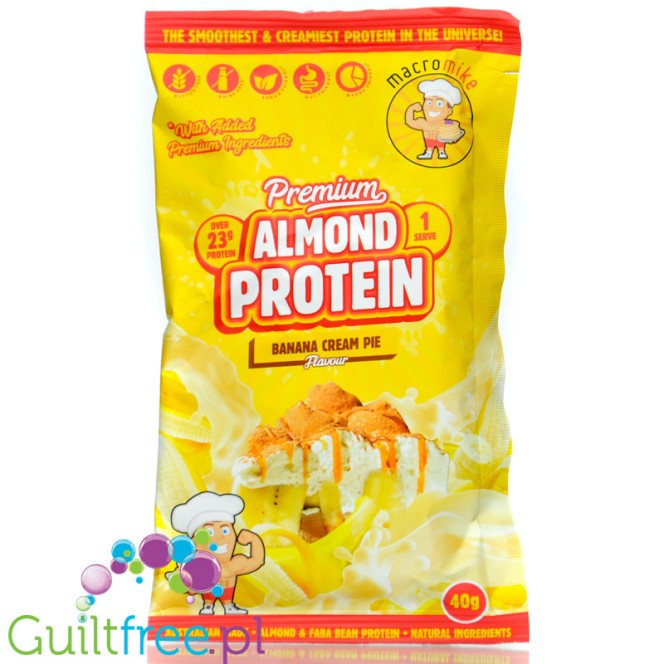 Macro Mike Almond Plant Protein, Banana Cream Pie, 40g - vegan almond protein supplement without gluten, milk or sucralose