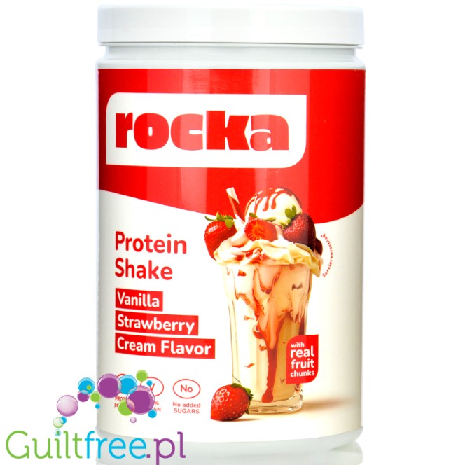 Rocka Nutrition Protein Shake Vanilla Strawberry Cream 1kg - wegański szejk proteinowy z 4 źródeł białek roślinnych bez cukru