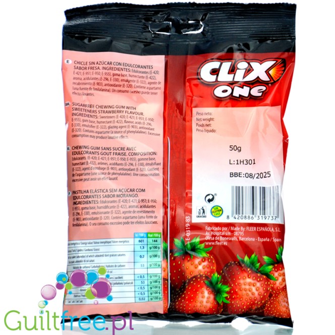 Clix One Chicle sin Azucar, Fresa - sugar-free chewing gum, Strawberry flavor, 20pcs