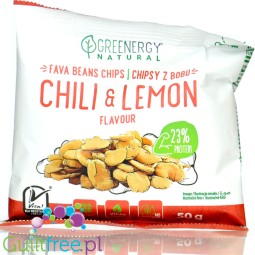 Greenergy Fava Beans Chili & Lemon crunchies, 17g of fiber & 23g of protein