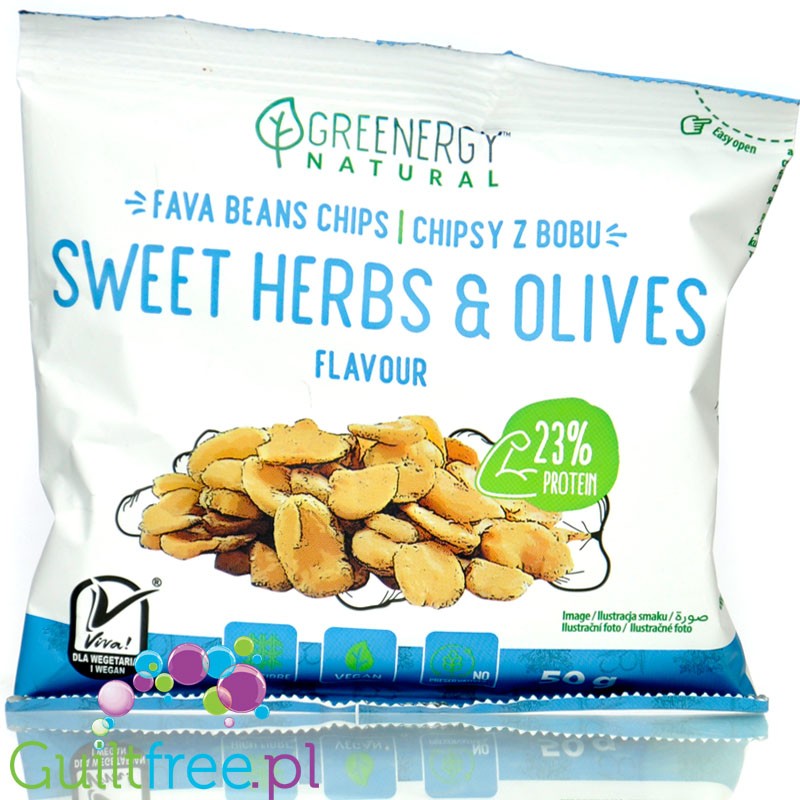 Greenergy Fava Beans Sweet Herbs & Olives - chrupki z bobu oliwkowo-ziołowe, 17g błonnika & 23g białka