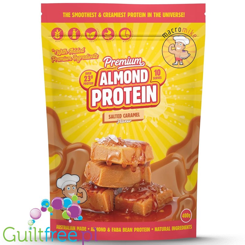 Macro Mike Almond Plant Protein, Salted Caramel, 40g - vegan almond protein supplement without gluten, milk or sucralose