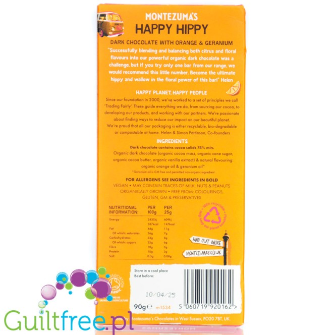 Montezuma's Happy Hippy Orange & Geranium 74% Chocolate (CHEAT MEAL) dark chocolate with orange and geranium