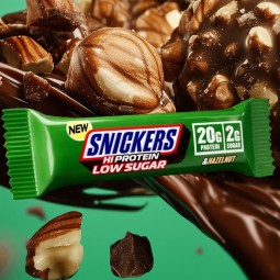 Snickers Hi-Protein Low Sugar Hazelnut - baton białkowy 20g białka, Czekolada, Orzechy Laskowe, Karmel & Orzechy Ziemne