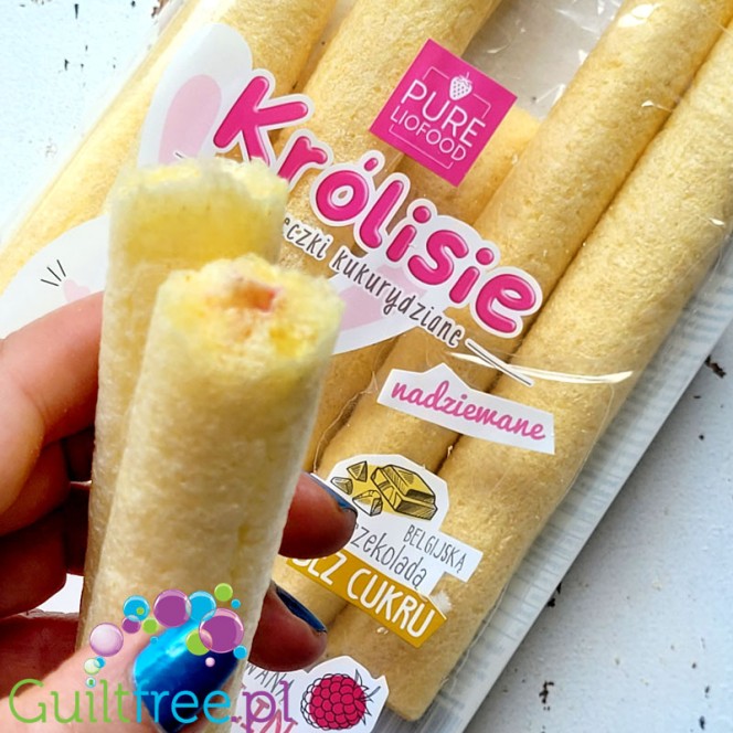 Pure Liofood Rabbits - corn crisps stuffed with Belgian sugar-free white chocolate with freeze-dried raspberries