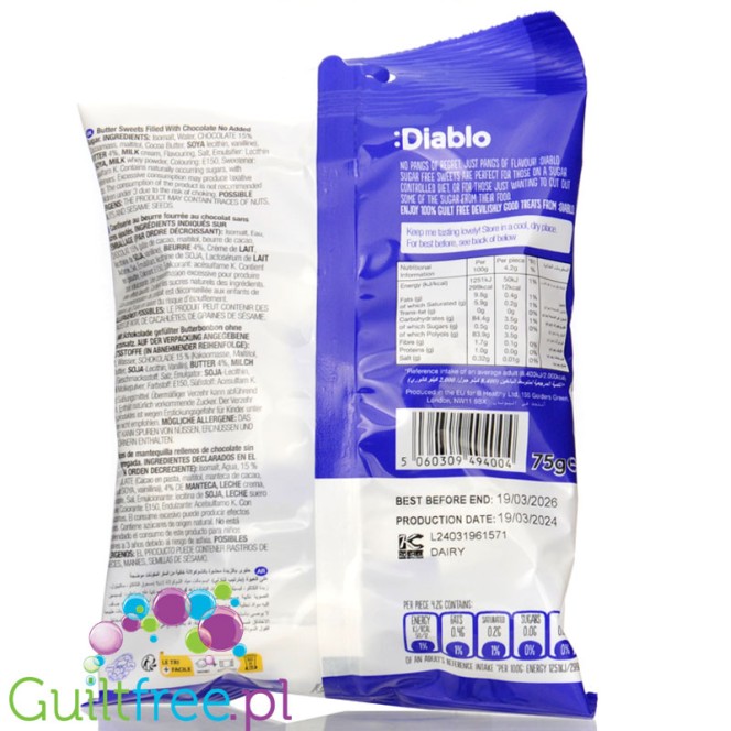 Diablo Butter Chocolate Sweets - maślane karmelki bez cukru z nadzieniem czekoladowym, 12kcal