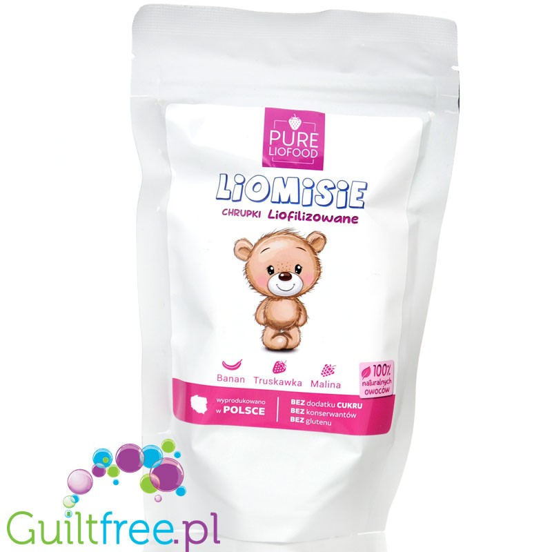 Pure Liofood Liomisie Raspberry & Strawberry - freeze-dried banana, strawberry and raspberry crisps in the shape of teddy bears