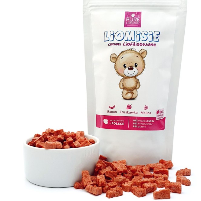 Pure Liofood Liomisie Raspberry & Strawberry - freeze-dried banana, strawberry and raspberry crisps in the shape of teddy bears