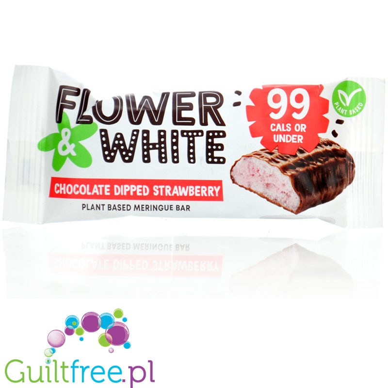 Flower & White Meringue Bar Chocolate Dipped Strawberry 99kcal - wegański baton bezowy truskawkowy w bez-mlecznej czekoladzie