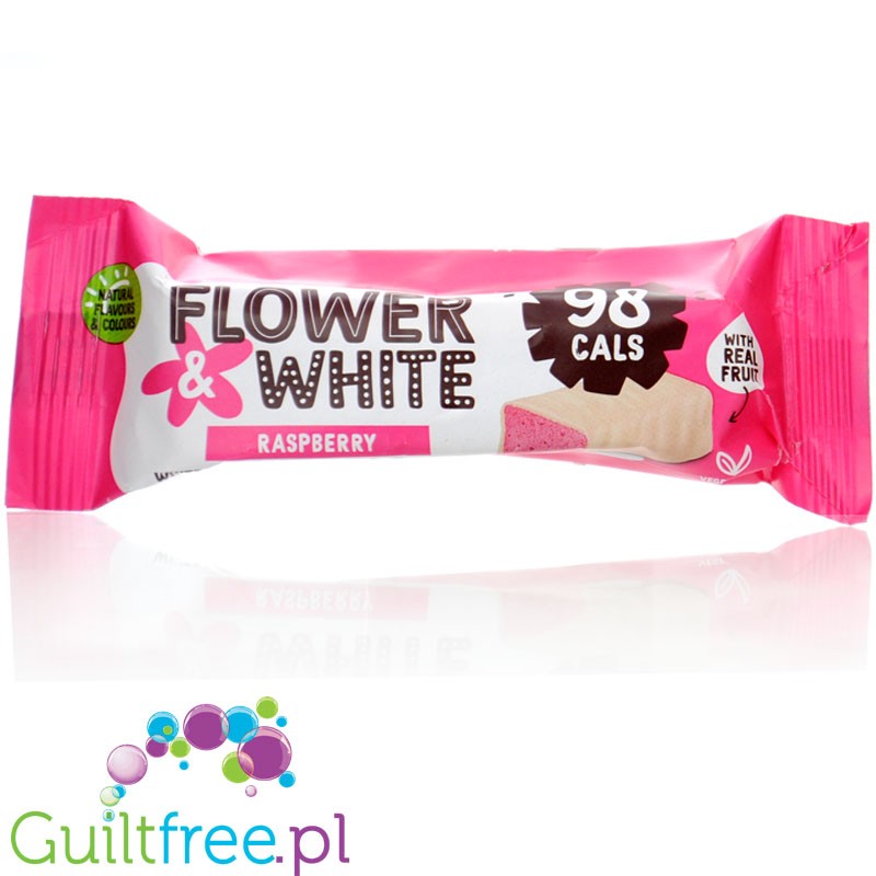 Flower & White Raspberry Fruity Mallow 98kcal - chocolate-covered raspberry marshmallow bar without gelatin