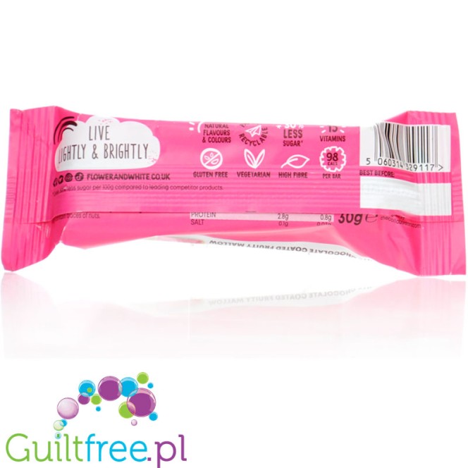 Flower & White Raspberry Fruity Mallow 98kcal - baton piankowy malinowy w czekoladzie bez żelatyny