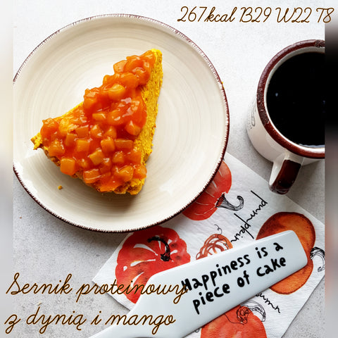 Proteinowy sernik dyniowy bez cukru z mango i brzoskwiniami 267kcal & 29g białka