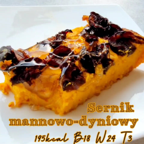 Mannowy sernik proteinowy z dynią i śliwkami, bez odżywki proteinowej, 195kcal & 20g białka