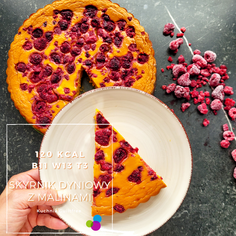 Skyrnik (sernik) dyniowy bez culru z malinami - tylko 120kcal w wielgachnym kawałku