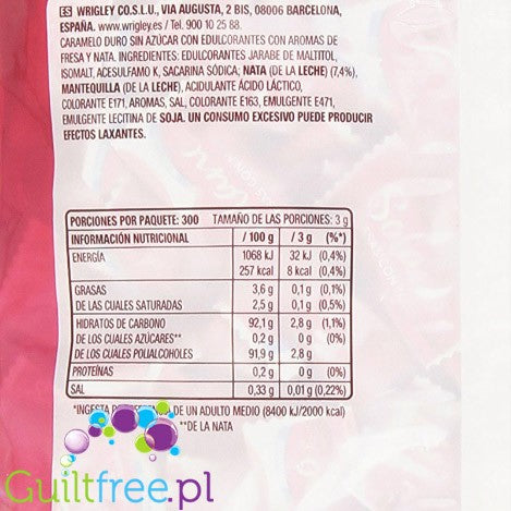 Wrigley's Solano caramelo duro sin azúcar edulcorantes con con aromas de fresa y nata - milky-cream caramels without sugar straw