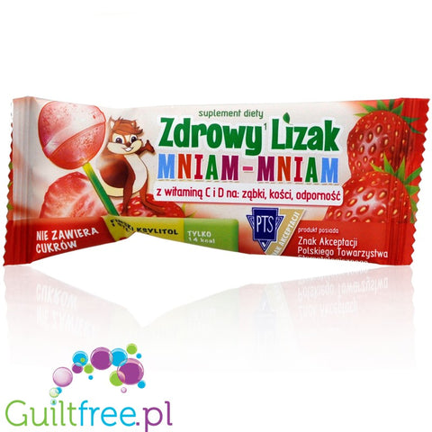 Healthy lollipop Mniam sweetened with xylitol and stevia with dried strawberries