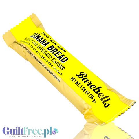 Baton proteinowy Guiltfree Barebells Banana Bread w żółtym opakowaniu o smaku chlebka bananowego z cynamonem