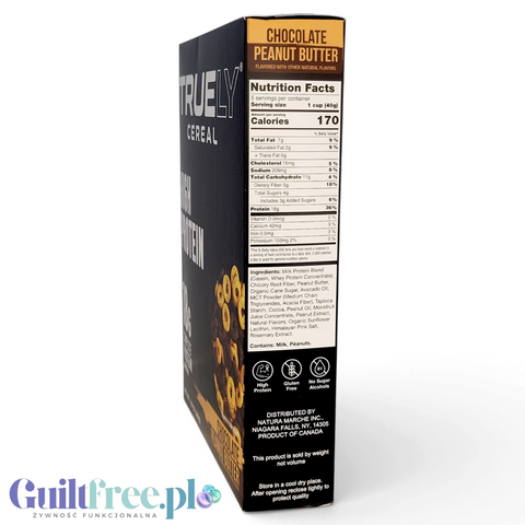 Truely Protein Cereal Chocolate Peanut Butter - proteinowe płatki śniadaniowe z kazeiną, WPC i olejem awokado