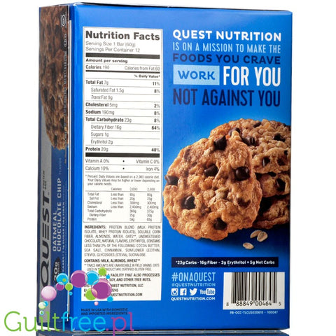 Quest Protein Bar Oatmeal Chocolate Chip Flavor - High-protein bar of oatmeal cookies with chocolate, contains sweeteners