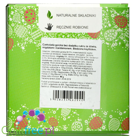 Santini Easter, sugar free dark chocolate with plums, almonds and cardamon