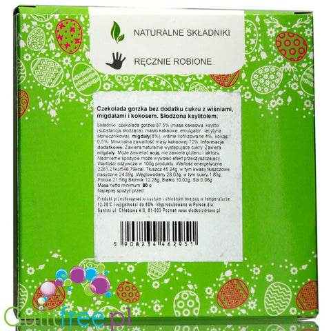 Santini Easter, sugar free dark chocolate with cherries, coconut and almonds