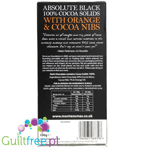 Montezuma's Absolute Black 100% Cocoa Solids with Orange & Cocoa Nibs 100G