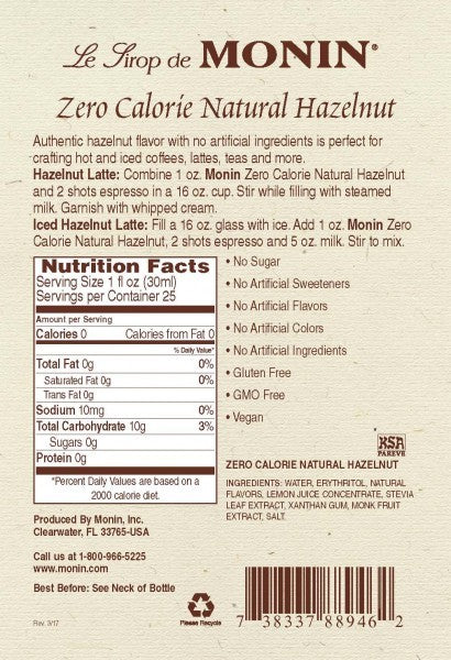 Monin Zero Calorie Natural Flavoring, Hazelnut syrup