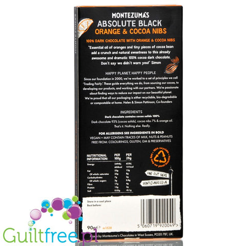 Montezuma's Absolute Black 100% Cocoa Solids with Orange & Cocoa Nibs 100G