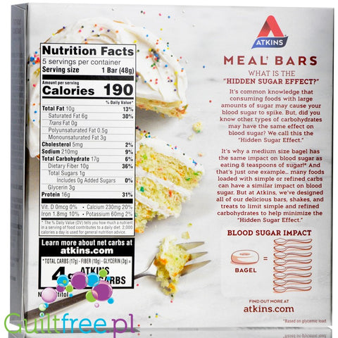 Atkins Meal Birthday Cake protein bar without maltitol, box of 5 bars