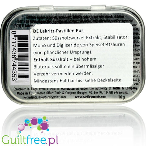 Barkleys Liquorice Pure sugar free candies in crafted tin