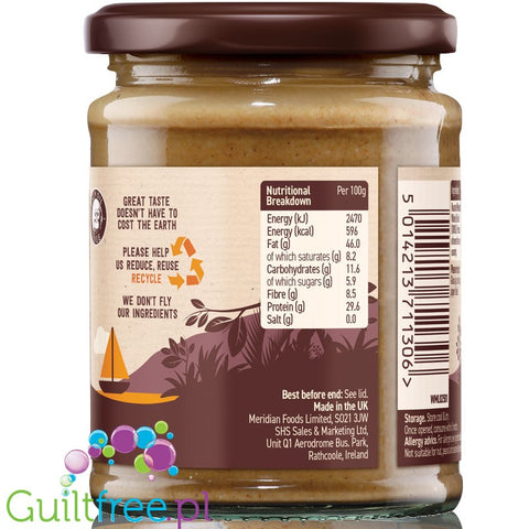 Meridian smooth peanut butter 100% nuts - ground peanut butter, roasted in skins, smoothly ground, with no added sugar and no sa
