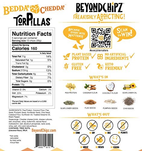 BeyondChipz Tortillas High Protein Tortilla Chips, Bedda Chedda 5.3 oz