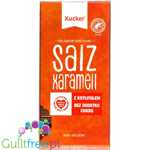 Milk chocolate without sugar added with salted caramel slices