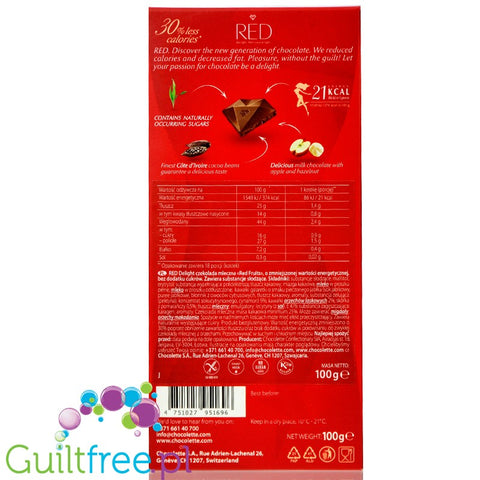 RED Delight Apple & Hazelnut no sugar added milk chocolate 30% less calories