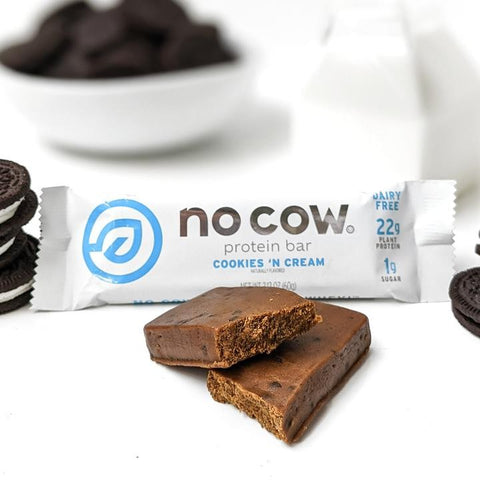 No Cow Cookies N' Cream vegan keto protein bar with stevia, monk fruit and erythritol