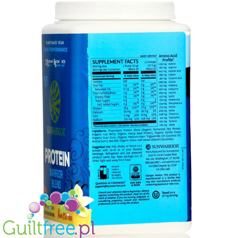 Sunwarrior Protein Warrior Blend 0,75kg, Vanilla - vegan protein powder with acai, goji & quinoa, sachet