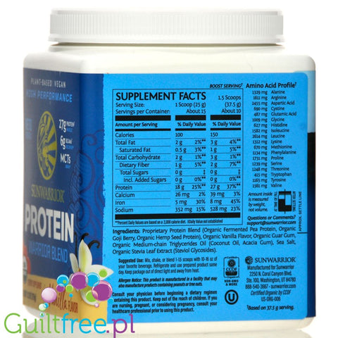 Sunwarrior Protein Warrior Blend 0,375kg, Vanilla - vegan protein powder with acai, goji & quinoa, sachet