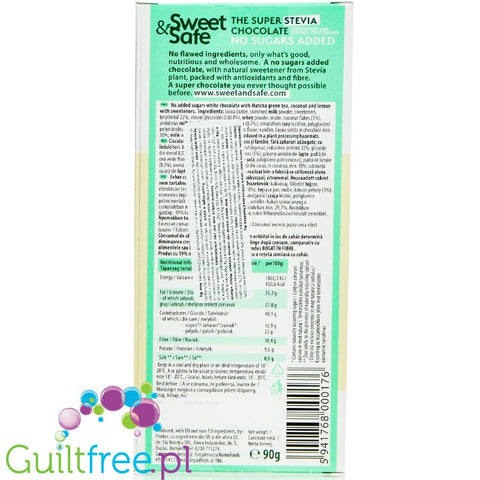 Sweet & Safe Stevia White Chocolate, Matcha, Coconut & Lemon - white chocolate without sugar with stevia, 19% less kcal