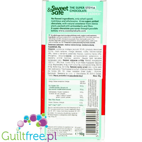 Sweet & Safe Stevia Dark Chocolate, Hemp & Raspberry - dessert chocolate without sugar, 31% less kcal, Raspberries & Hemp