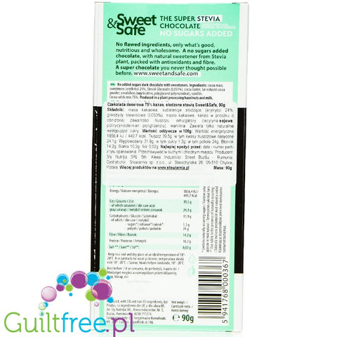Sweet & Safe Super Stevia Chocolate - sugar-free chocolate 75% cocoa