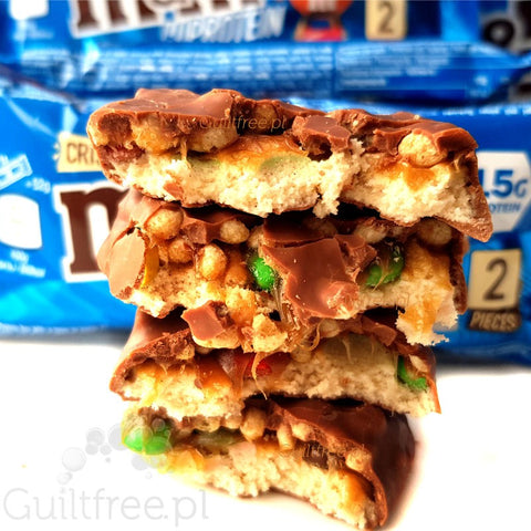 M&M's Crispy Protein Bar with mini M&Ms and rice crispies