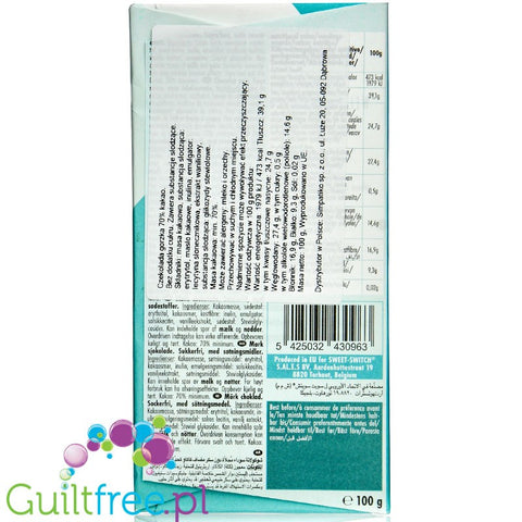 Sweet Switch Dark Chocolate 70% with stevia and no added sugar, 100g
