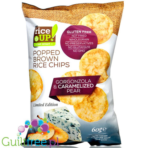 RiceUp thin Gorgonzola & Carmelized Pear flavored whole-grain thin brown rice chips